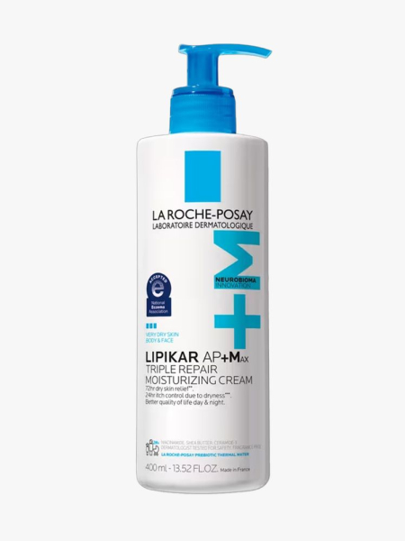 La Roche-Posay Lipikar AP+MAX Triple Repair Moisturizing Body Cream in branded bottle component on a light gray background